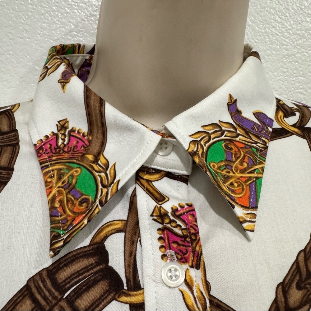 Lauren Ralph Lauren Equestrian Button Up Blouse Horse Bridle‎ Bit Sz 12 Slim Fit - Picture 5 of 16